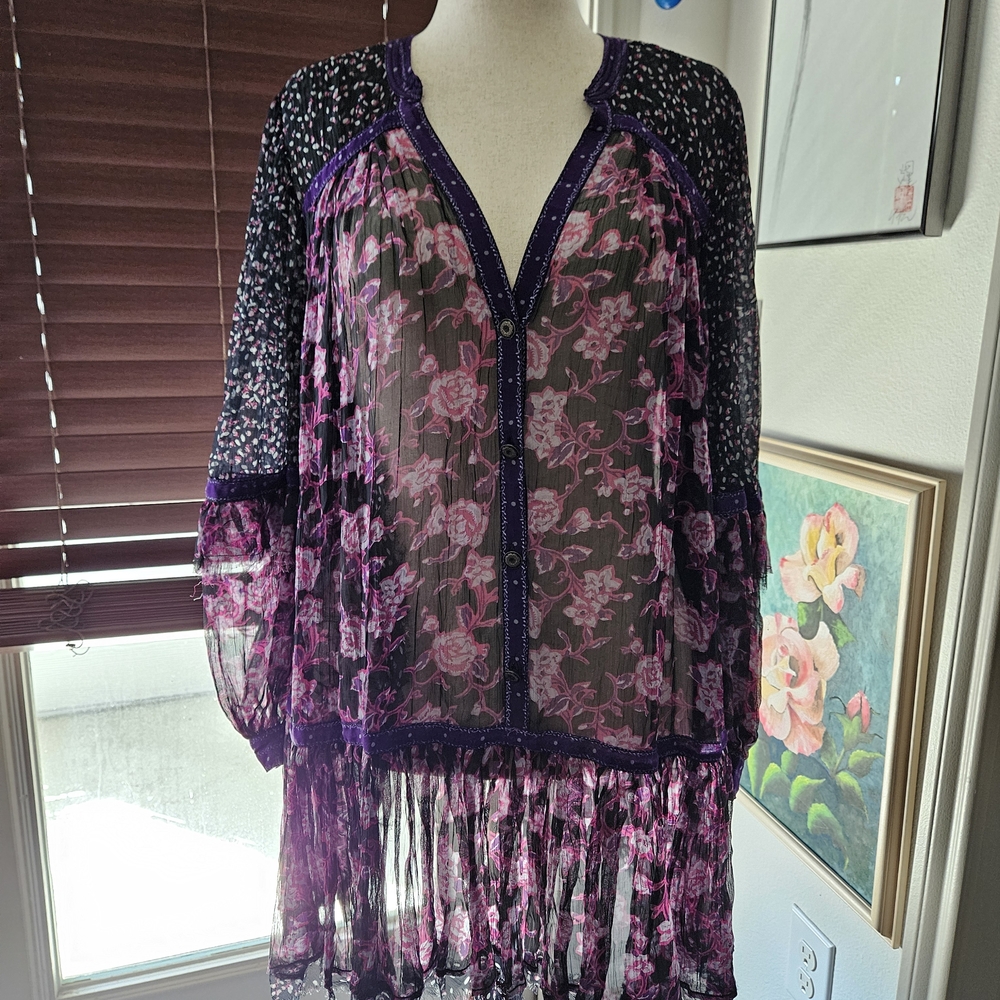 Free People Black Sheer Tunic with Purple Trim